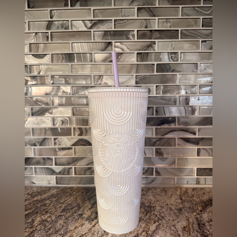 Starbucks Textured White Tumbler with Purple Straw